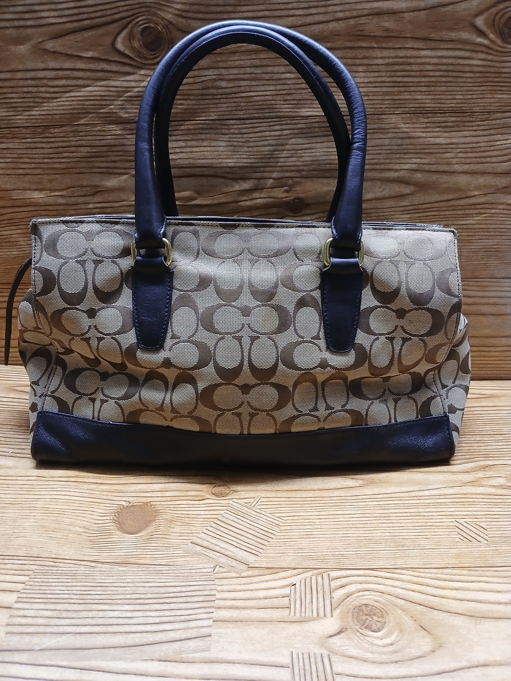 Coach Men's Leather Patch 25371 Tote  Dark Brown & Cream Signature Bag